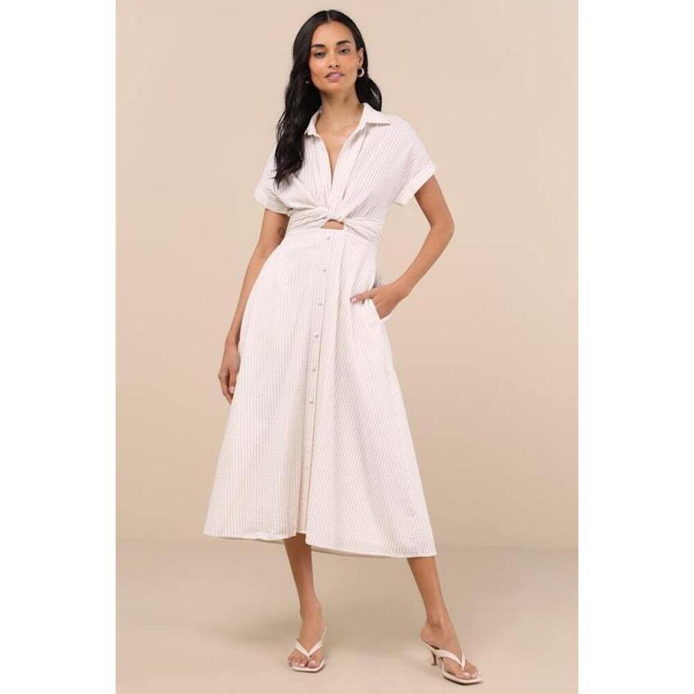 Lulus Adorable Impression Beige And White Midi Dress With Pockets - Size S